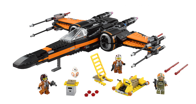 LEGO Star Wars Poe?s X-Wing Fighter? Licensee: LEGO MSRP: $79.99 Available: September 4 Battle the forces of the First Order with Poe's X-Wing Fighter. This customized starfighter is packed with features, like the 4 spring-loaded shooters, 2 stud shooters, retractable landing gear, opening wings, opening cockpit with space for a minifigure and space behind for the BB-8 Astromech Droid. There?s even a loader with tool rack, extra ammunition, and a seat for a minifigure. So climb the access ladder, strap in and get ready to recreate your own great scenes from Star Wars: The Force Awakens! Includes 3 minifigures with assorted accessories: Poe Dameron, Resistance ground crew and a Resistance X-Wing Pilot, plus a BB-8 Astromech Droid.