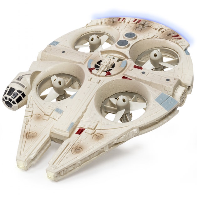 Star Wars Remote Controlled Millennium Falcon Quad..Licensee: Spinmaster.MSRP: $109.99.Available: September 4. .Fly the most iconic ship in the Star Wars universe! The Ultimate Millennium Falcon takes flight with the power of quad rotors concealed in the body of the ship. Its authentic lights and sounds bring the Millennium Falcon to life as you fly. Activate Hyperspace mode on the remote control and hold on for a fully loaded hyperspace journey. With 2.4GHz communication, you can control the Millennium Falcon up to 200 feet away! Join the rebellion and bring Star Wars home with the Millennium Falcon Quad from Air Hogs!.