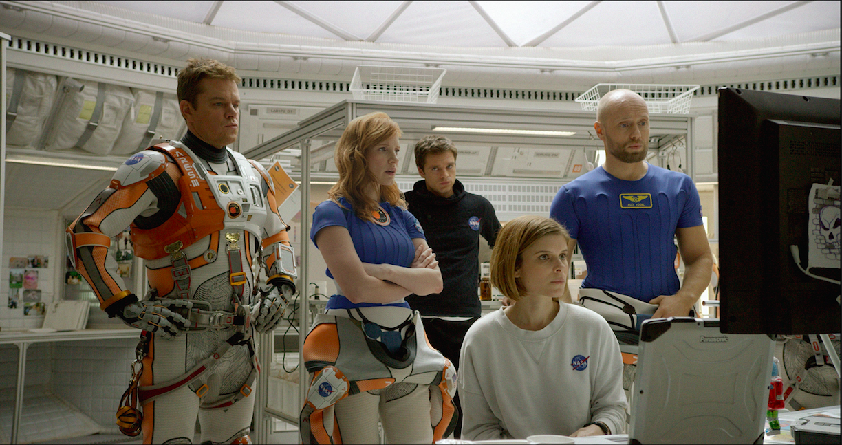 L-r: Matt Damon, Jessica Chastain, Sebastian Stan, Kate Mara and Askel Hennie portray the crewmembers of the fateful mission to Mars. Courtesy Twentieth Century Fox.