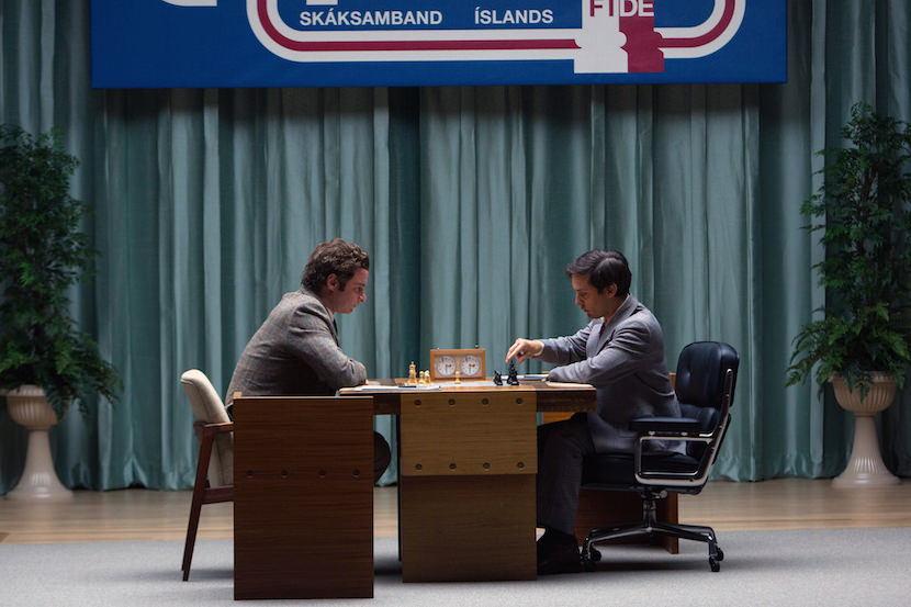 Liev Schreiber (left) stars as Boris Spassky and Tobey Maguire (right) stars as Bobby Fischer in Edward Zwick's PAWN SACRIFICE, a Bleecker Street release.