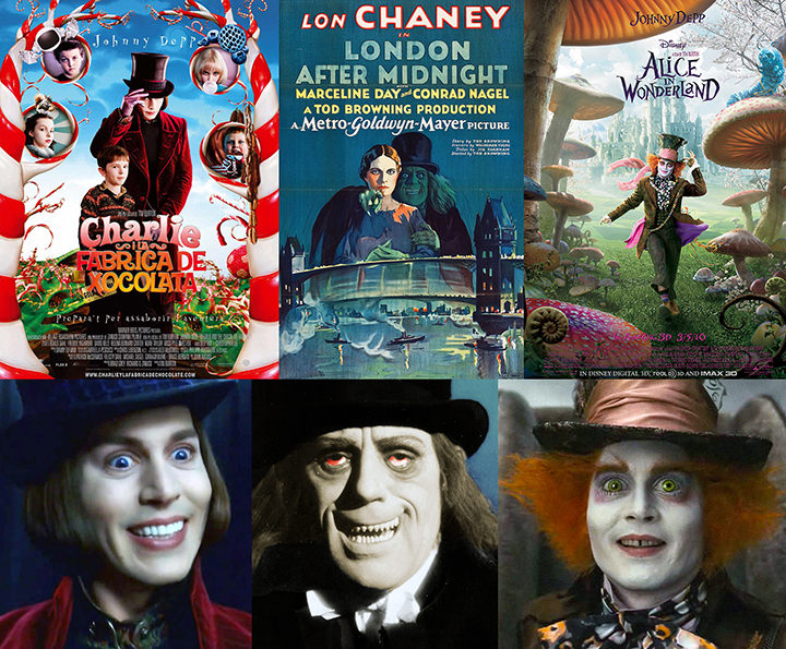 Charlie and the Chocolate Factory (2005), poster: © Warner Bros. Pictures London After Midnight (1927), poster: © MGM/Distributed by Warner Bros. Pictures. Alice In Wonderland (2010), poster: © Walt Disney Pictures bottom, left to right: Johnny Depp as Willy Wonka in Charlie and the Chocolate Factory (2005): © Warner Bros. Pictures Lon Chaney as The Man in The Beaver Hat in London After Midnight (1927):  © MGM/Distributed by Warner Bros. Pictures. Johnny Depp as the Mad Hatter in Alice In Wonderland (2010): © Walt Disney Pictures