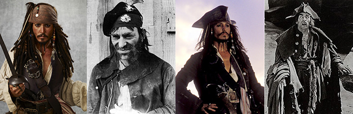 Johnny Depp as Jack Sparrow in Pirates of The Caribbean: The Curse of the Black Pearl (2003): © Walt Disney Pictures Lon Chaney as Merry in Treasure Island (1920, lost): Maurice Turner Productions Johnny Depp as Jack Sparrow in Pirates of The Caribbean: The Curse of the Black Pearl (2003): © Walt Disney Pictures Lon Chaney as Blind Pew in Treasure Island (1920, lost): Maurice Turner Productions