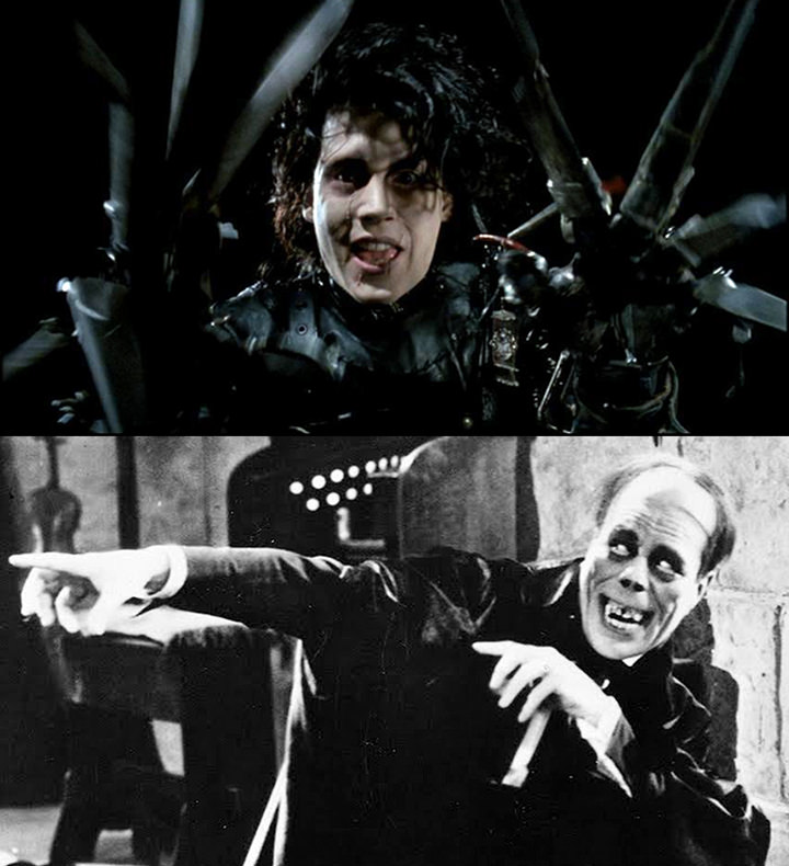 top to bottom: Johnny Depp as Edward in Edward Scissorhands (1990): © 20th Century Fox Lon Chaney as the Phantom in The Phantom Of The Opera (1925): © Universal Pictures