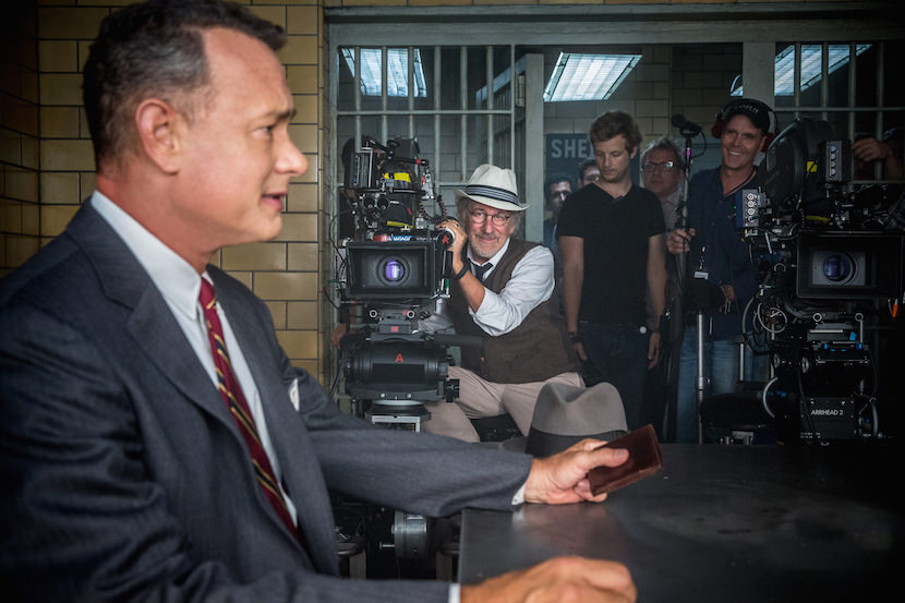 Director Steven Spielberg with Tom Hanks on the set of DreamWorks Pictures/Fox 2000 Pictures' dramatic thriller BRIDGE OF SPIES.