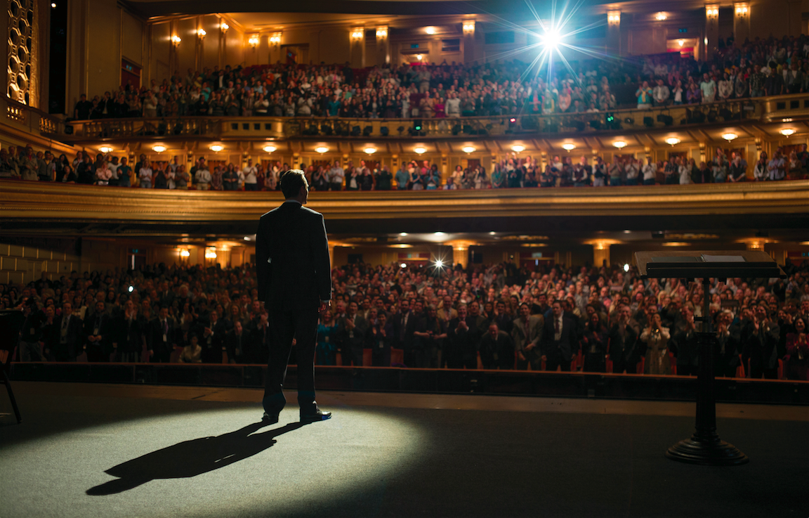 Steve Jobs (Michael Fassbender) taking the stage before one of the film's three product launch set pieces. Courtesy Universal Pictures. 