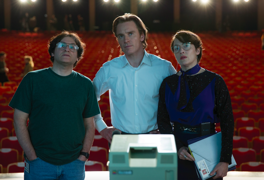 (L to R) Andy Hertzfeld (MICHAEL STUHLBARG), Steve Jobs (MICHAEL FASSBENDER) and Joanna Hoffman (KATE WINSLET) before the launch of the Machintosh in 1984.. Photo by François Duhamel. Courtesy Universal Pictures.