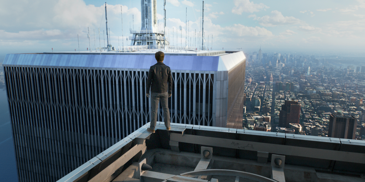 Philippe Petit (Joseph Gordon-Levitt) surveys the gap between the Twin Towers, 102 flights up. Courtesy Sony Pictures.