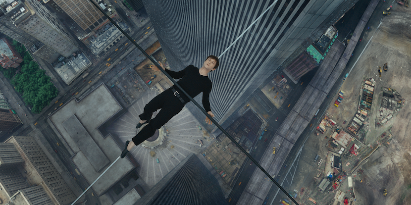 Philippe Petit (Joseph Gordon-Levitt) needs to rest due to the pole's weight. It's also impeccable theater. Courtesy Sony Pictures. 