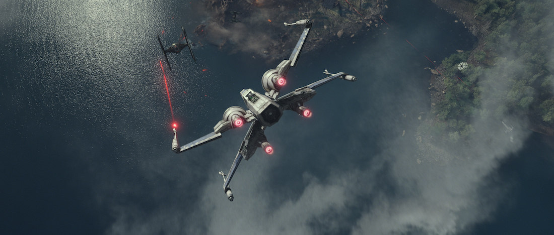 Head-to-head combat between this X-Wing and TIE Fighter. Star Wars: The Force Awakens Ph: Film Frame © 2014 Lucasfilm Ltd; TM. All Right Reserved..