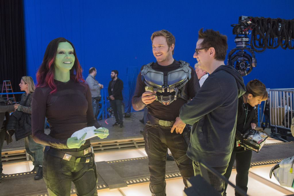 Zoe Saldana, Chris Pratt, and James Gunn on the set of 'Guardians of the Galaxy: Volume II.' Courtesy Marvel/Walt Disney Studios