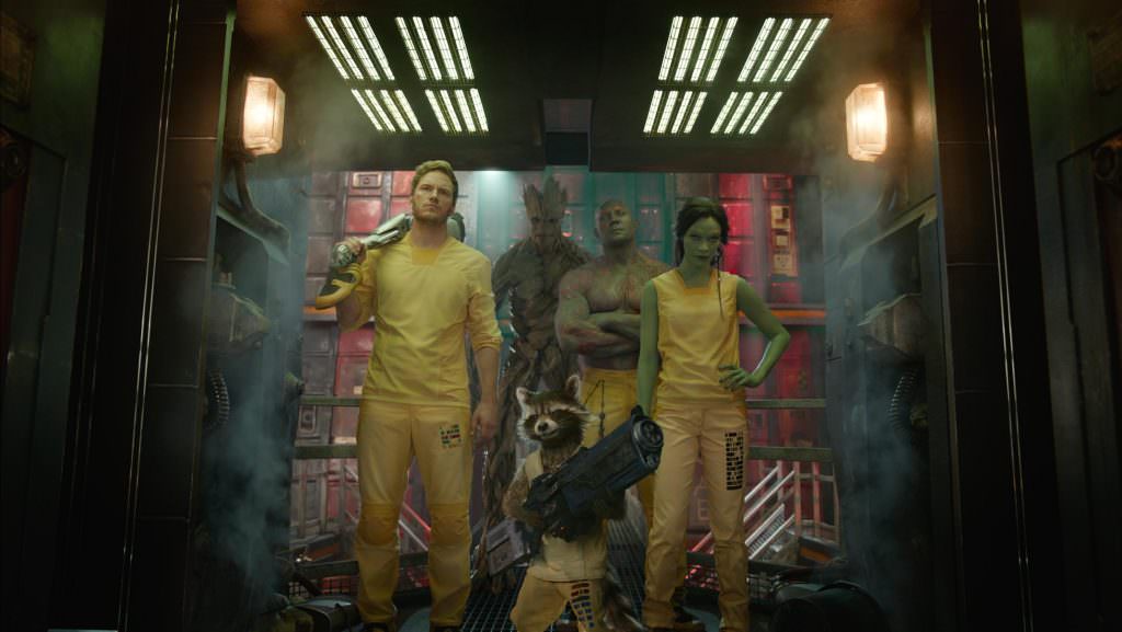 L to R: Star-Lord/Peter Quill (Chris Pratt), Groot (voiced by Vin Diesel), Gamora (Zoe Saldana), Mantis (Pom Klementieff), Rocket (voiced by Bradley Cooper) and Drax (Dave Bautista).Photo: Film Frame .©Marvel Studios 2018