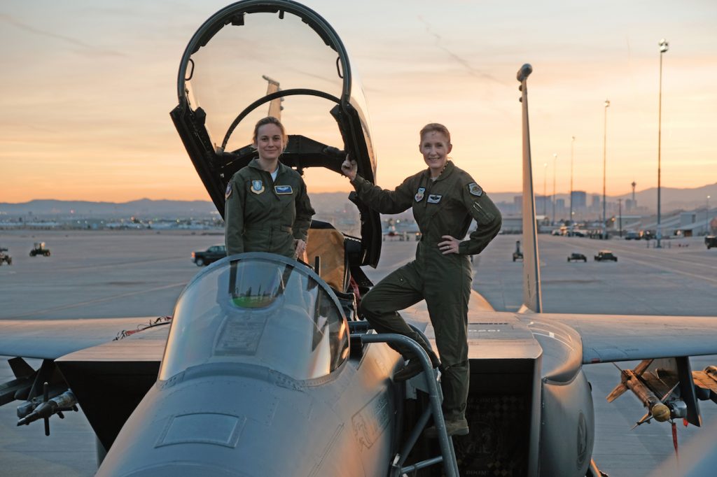 Marvel Studios' CAPTAIN MARVEL Brie Larson (left) gets hands-on help from Brigadier General Jeannie Leavitt, 57th Wing Commander (right), on a recent trip to Nellis Air Force Base in Nevada to research her character, Carol Danvers aka Captain Marvel, for Marvel Studios’ “Captain Marvel.” Photo: Brad Baruh ©Marvel Studios 2019