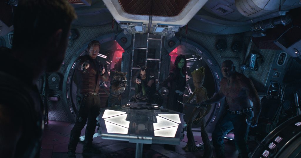 Marvel Studios' AVENGERS: INFINITY WAR. L to R: Star-Lord/Peter Quill (Chris Pratt), Rocket (voiced by Bradley Cooper), Mantis (Pom Klementieff), Gamora (Zoe Saldana), Groot (voiced by Vin Diesel) and Drax (Dave Bautista)..Photo: Film Frame..©Marvel Studios 2018