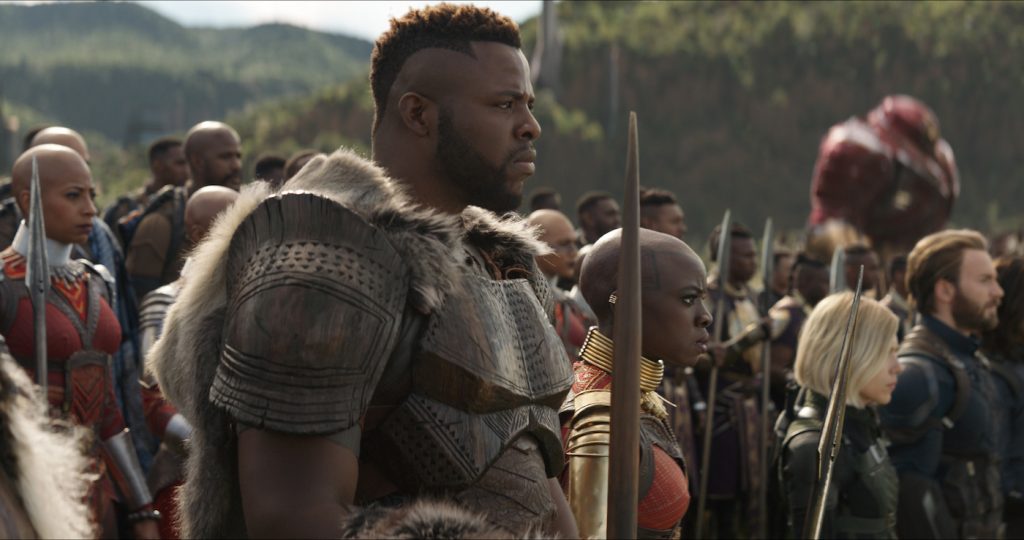 Marvel Studios' AVENGERS: INFINITY WAR. L to R: M'Baku (Winston Duke), Okoye (Danai Gurira), Black Widow/Natasha Romanoff (Scarlett Johansson) and Captain America/Steve Rogers (Chris Evans).