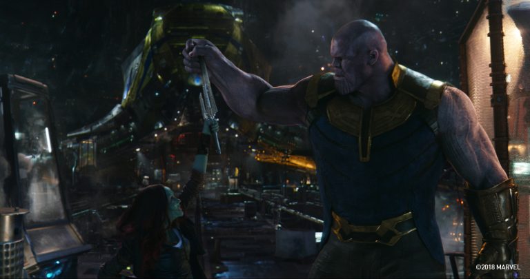 L-r: Gamora (Zoe Saldana) and her "father" Thanos (Josh Brolin). Courtesy Marvel Studios.
