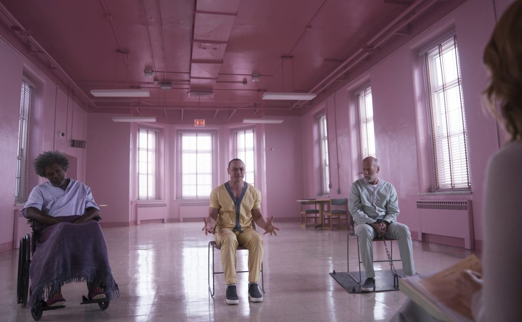 Samuel L. Jackson, James McAvoy, Bruce Willis and Sarah Paulson in Glass. Courtesy: Universal Pictures