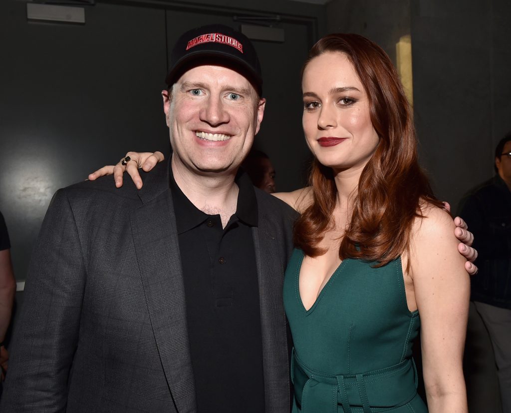 SAN DIEGO, CA - JULY 23: Marvel Studios president and producer Kevin Feige (L) and actress Brie Larson announced as Captain Marvel/Carol Danvers attend the San Diego Comic-Con International 2016 Marvel Panel in Hall H on July 23, 2016 in San Diego, California. ©Marvel Studios 2016 (Photo by Alberto E. Rodriguez/Getty Images for Disney) *** Local Caption *** Kevin Feige; Brie Larson