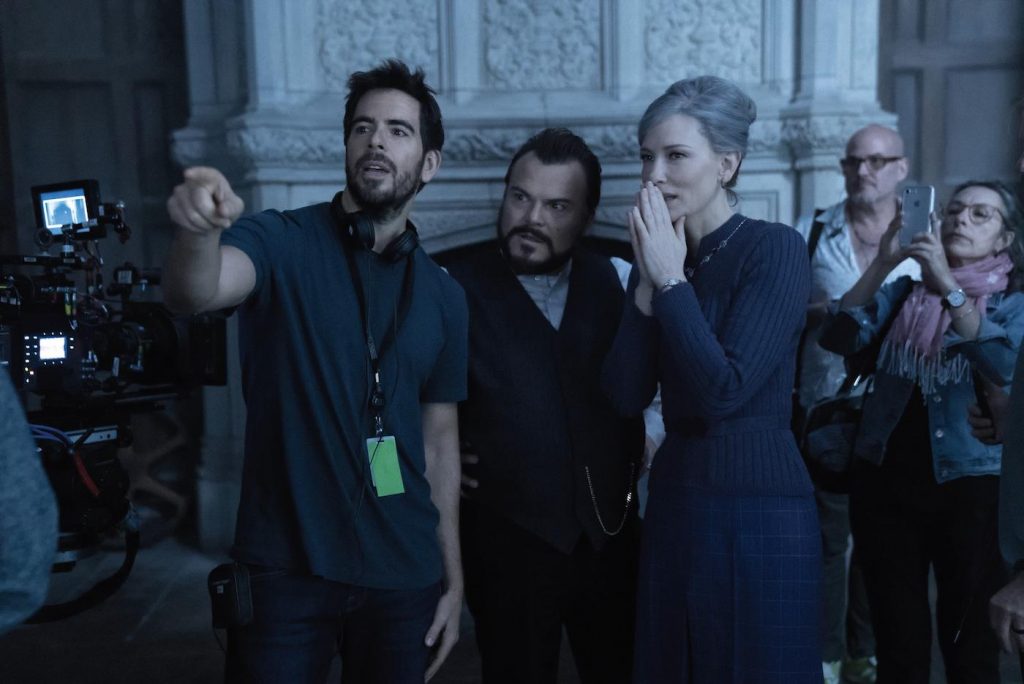 Director Eli Roth, Jack Black and Cate Blanchett on the set of "The House With A Clock in Its Walls," the spine-tingling, magical adventure of a boy who goes to live with his eccentric uncle in a creaky old house with a mysterious tick-tocking heart. Based on the first volume in the beloved children's series of books, the film is directed by master frightener Eli Roth. Photo Credit: Quantrell Colbert/Universal Pictures and Amblin Entertainment