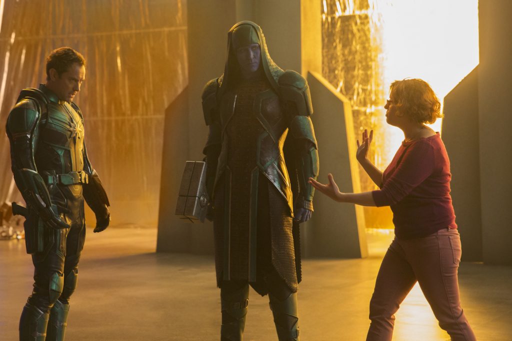 Jude Law's Mar-Vell, Lee Pace's Ronan and director Anna Boden. Courtesy Marvel Studios