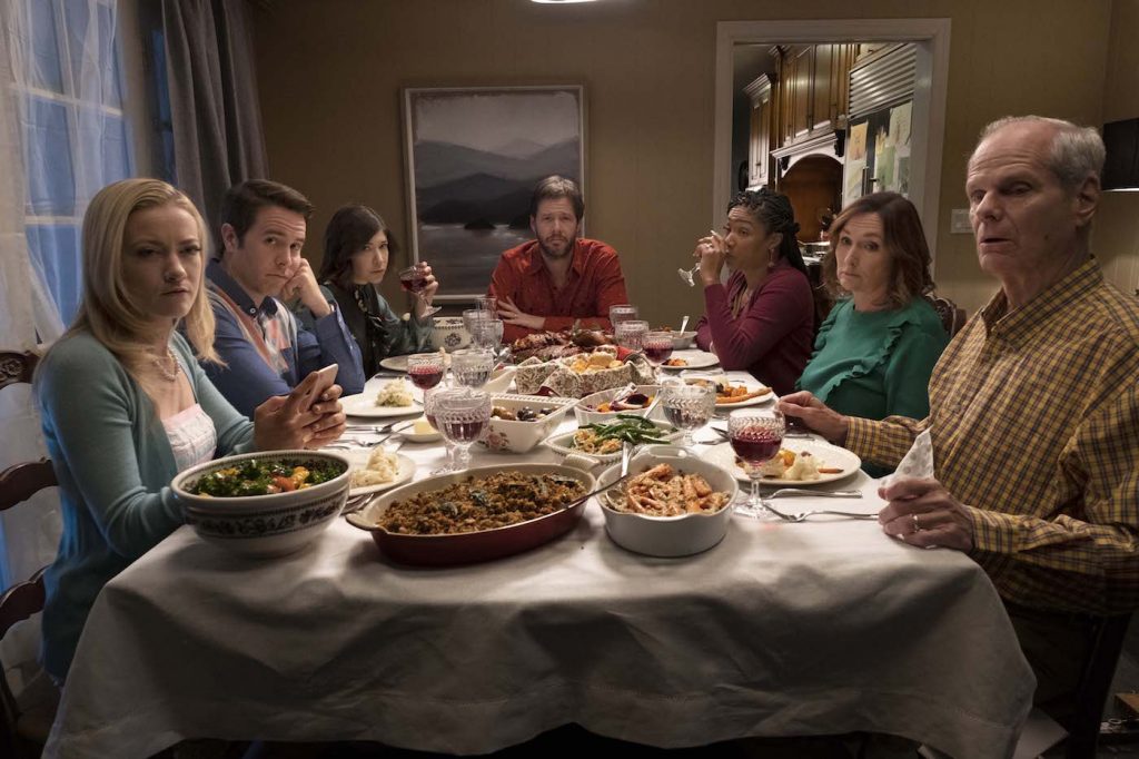 Meredith Hagner, Jon Barinholtz, Carrie Brownstein, Ike Barinholtz, Tiffany Haddish, Nora Dunn, and Chris Ellis in THE OATH. Photo credit: Courtesy of Topic Studios and Roadside Attractions