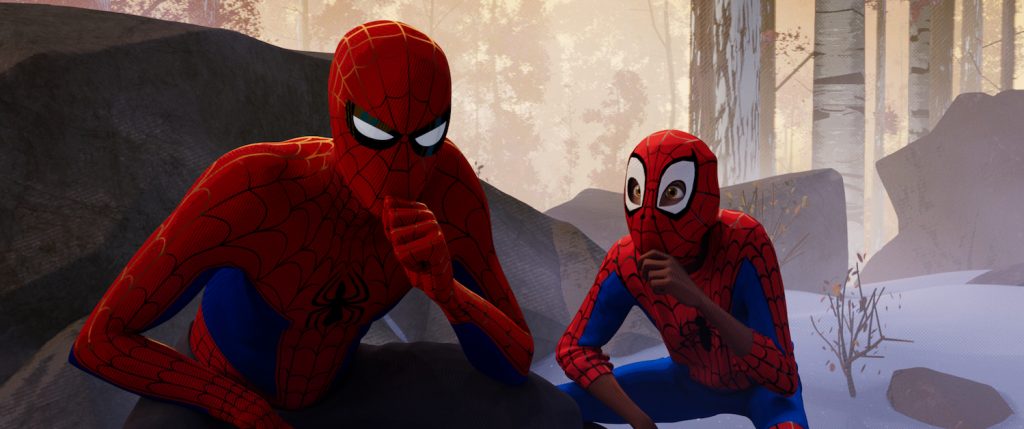 Peter Parker (Jake Johnson) and Miles Morales (Shameik Moore) in Columbia Pictures and Sony Pictures Animation's SPIDER-MAN: INTO THE SPIDER-VERSE.