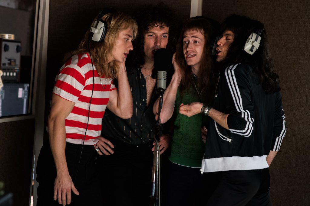 L-R: Ben Hardy (Roger Taylor), Gwilym Lee (Brian May), Joe Mazzello (John Deacon), and Rami Malek (Freddie Mercury) star in Twentieth Century Fox’s BOHEMIAN RHAPSODY. Photo Credit: Alex Bailey. Courtesy 20th Century Fox.