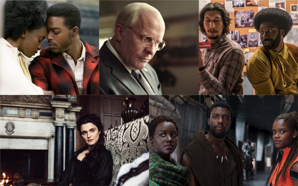 L-r: KiKi Layne & Stephan James in 'If Beale Street Could Talk' (Courtesy Annapurna Pictures); Christian Bale in 'Vice' (Courtesy Annapurna Pictures); Adam Driver and John David Washginton in 'BlacKkKlansman' (Courtesy Focus Features); Lupita Nyong'o, Chadwick Boseman and Letitia Wright in 'Black Panther' (Courtesy Marvel Studios); and Rachel Weisz in 'The Favourite' (Courtesy Fox Searchlight Pictures).