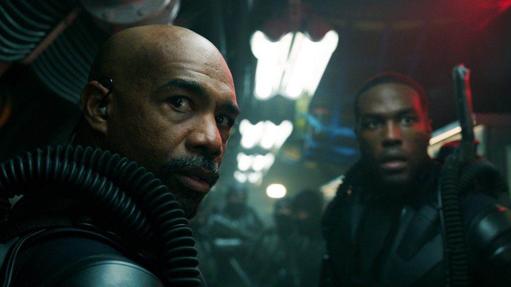 Caption: MICHAEL BEACH as Jesse and YAHYA ABDUL-MATEEN II as Black Manta in Warner Bros. Pictures' action adventure "AQUAMAN," a Warner Bros. Pictures release.