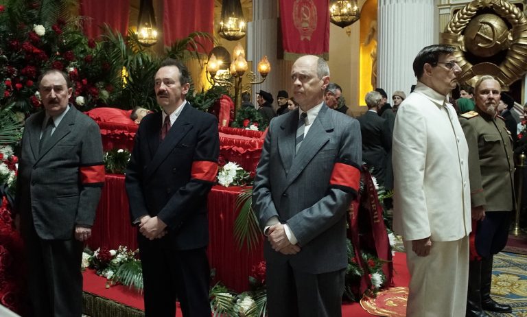 Dermot Crowley as Kaganovich, Paul Whitehouse as Mikoyan, Steve Buscemi as Krushchev, Jeffrey Tambor as Malenkov, and Paul Chahidi as Bulganin. Photo by Nicola Dove. Courtesy of IFC Films. An IFC Films release.