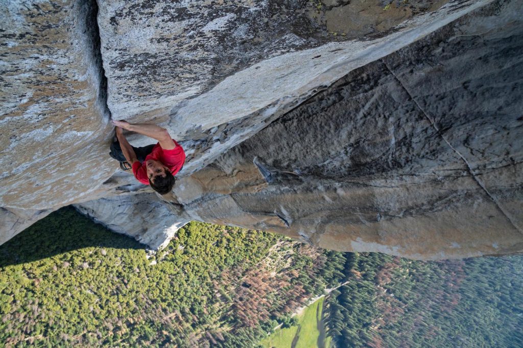 Alex Honnold making the first free solo ascent of El Capitan's Freerider in Yosemite National Park, CA. Photo courtesy National Geographic/Jimmy Chin.