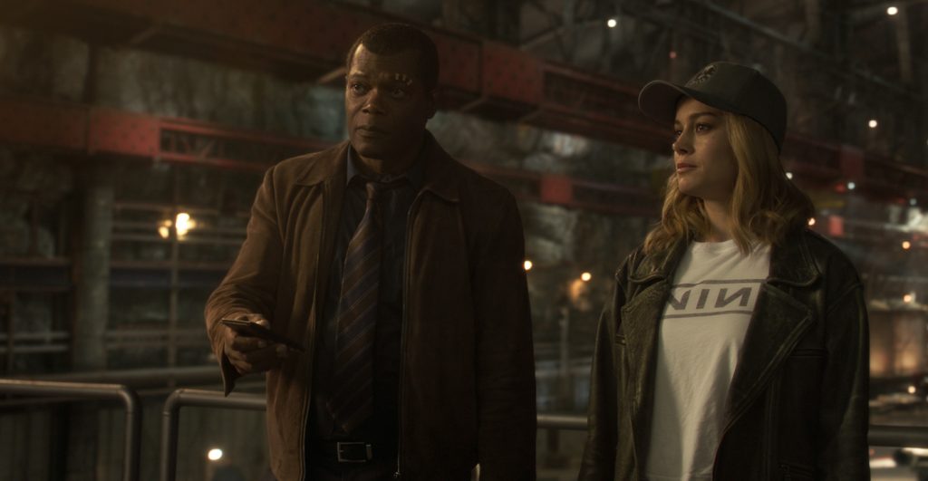 Marvel Studios' CAPTAIN MARVEL. L to R: Nick Fury (Samuel L. Jackson) and Captain Marvel (Brie Larson). Photo: Film Frame. ©Marvel Studios 2019