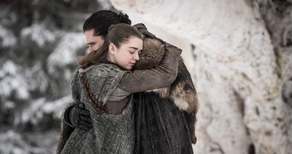 eason 8, episode 1 (debut 4/14/19): Maisie Williams, Kit Harington. photo: Helen Sloan/HBO