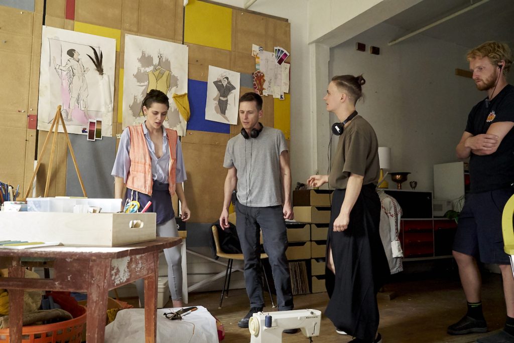 (L-R) Kristen Stewart, director Justin Kelly and co-writer Savannah Knoop on the set of the film J.T. LEROY. Photo courtesy of Universal Pictures Content Group.