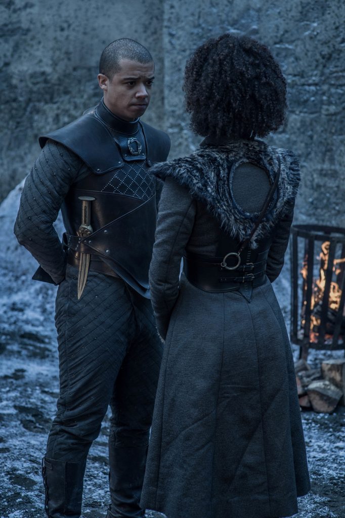 Season 8, episode 2 (debut 4/21/19): Jacob Anderson, Nathalie Emmanuel. photo: Helen Sloan/HBO