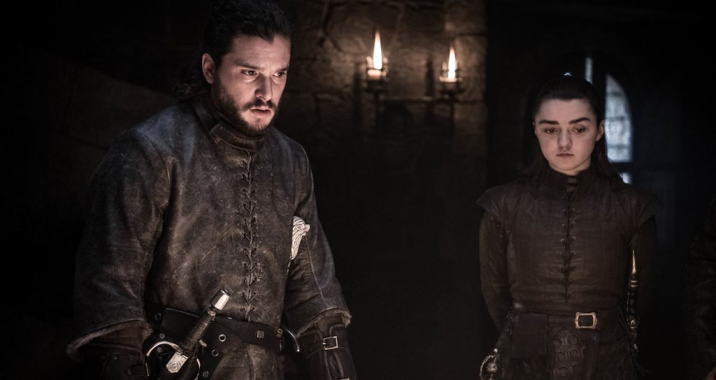 Season 8, episode 2 (debut 4/21/19): Kit Harington, Maisie Williams. photo: Helen Sloan/HBO