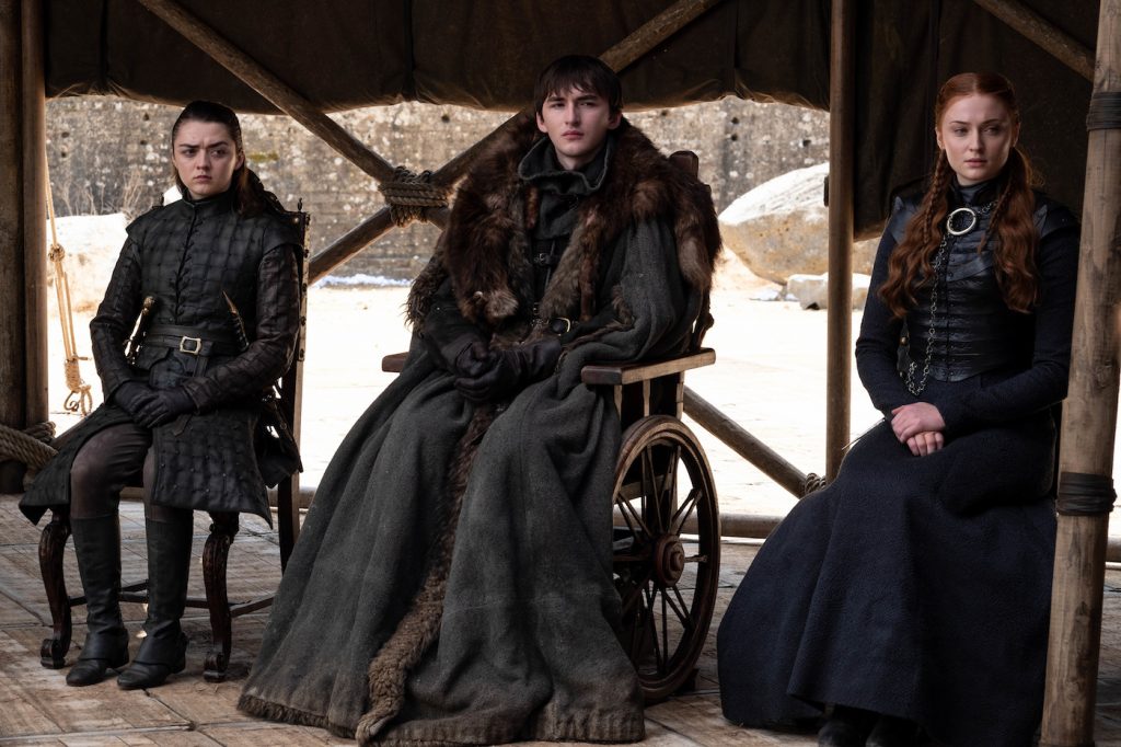 Season 8, episode 6/series finale (debut 5/19/19): Maisie Williams, Isaac Hempstead Wright, Sophie Turner. photo: Macall B. Polay/HBO.