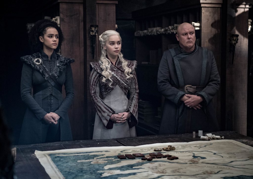 Season 8, episode 4 (debut 5/5/19): Nathalie Emmanuel, Emilia Clarke, Conleth Hill. photo: Helen Sloan/HBO