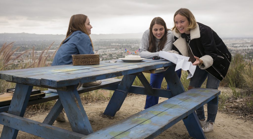 Actors Kaitlyn Dever and Beanie Feldstein with director Olivia Wilde on the set of her directorial debut, BOOKSMART, an Annapurna Pictures release. Credit: Francois Duhamel / Annapurna Pictures