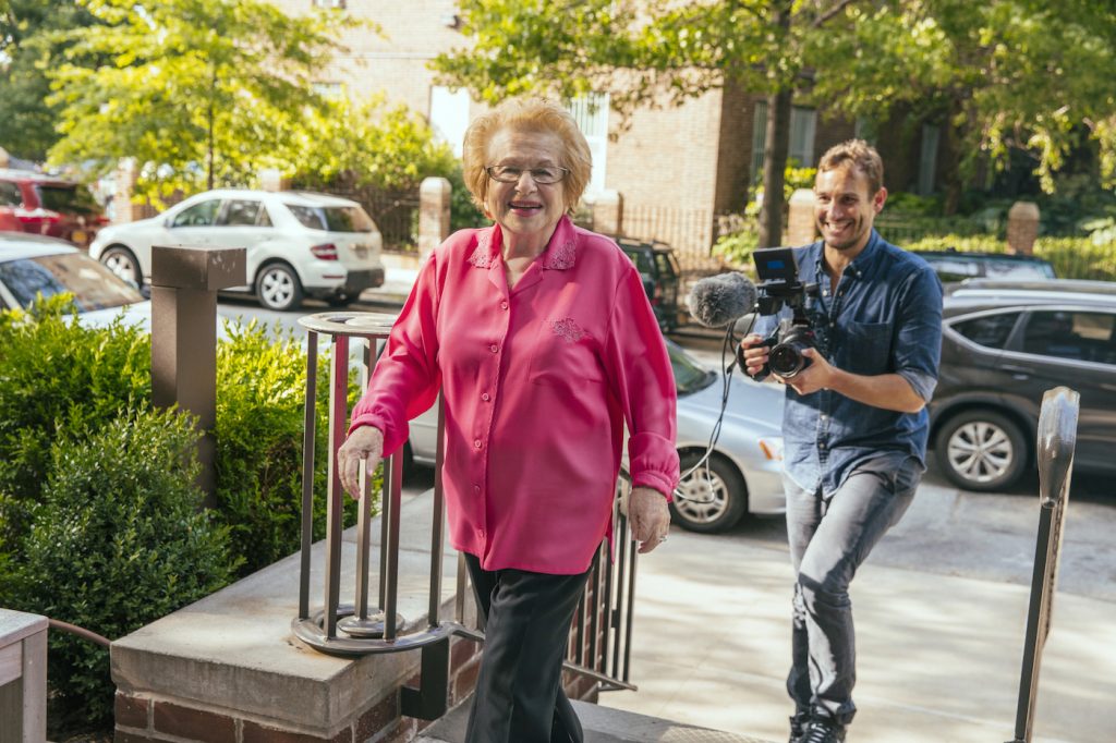 Dr. Ruth Westheimer and director Ryan White in ASK DR. RUTH, a Hulu Originals film. Photo courtesy of Hulu Originals.