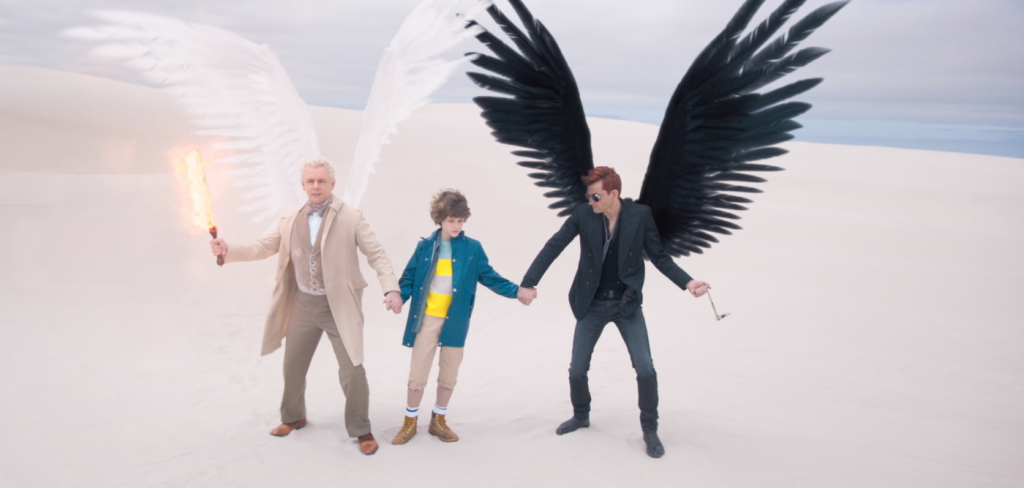 Michael Sheen, Sam Taylor Buck, and David Tenant in 'Good Omens.' Courtesy Amazon