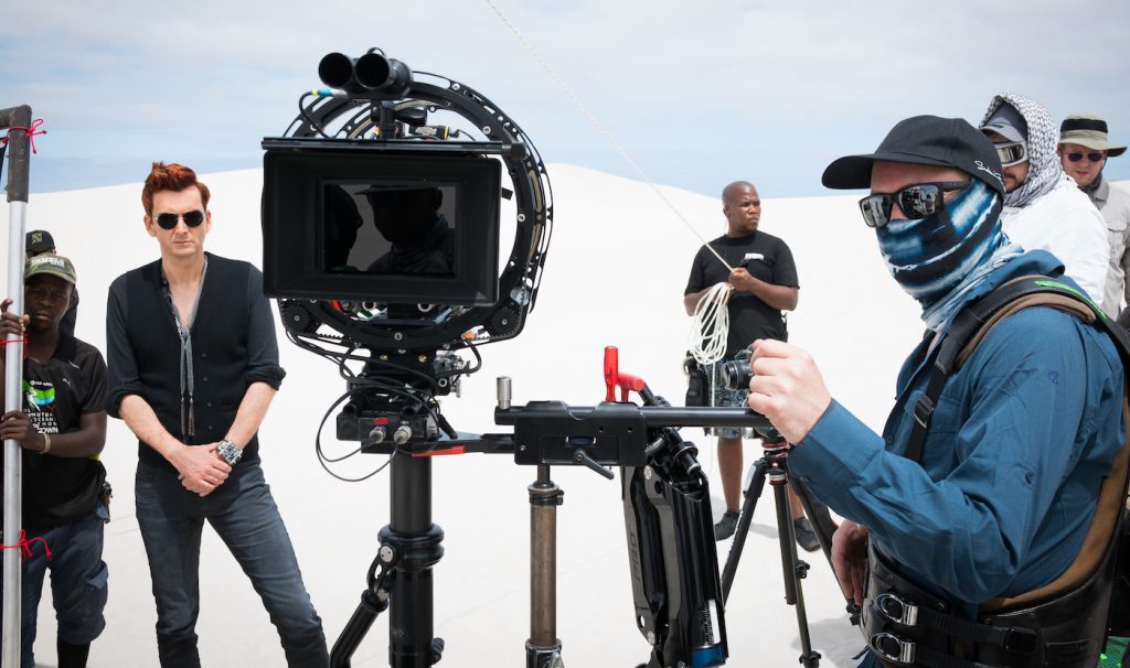 David Tenant, cinematographer Gavin Finney on the set of 'Good Omens.' Courtesy Amazon.