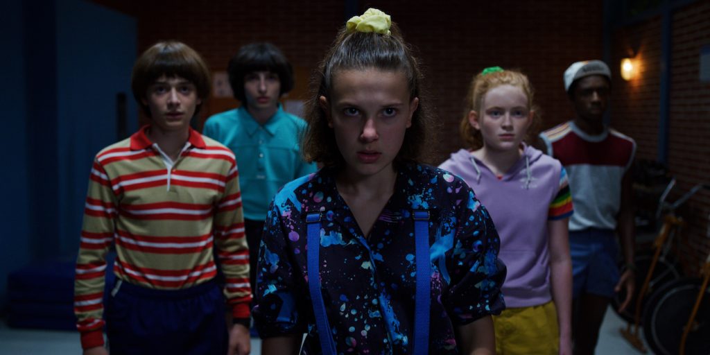 oah Schnapp, Finn Wolfhard, Millie Bobby Brown, Sadie Sink, and Caleb McLaughlin in 'Stranger Things.' Courtesy Netflix.