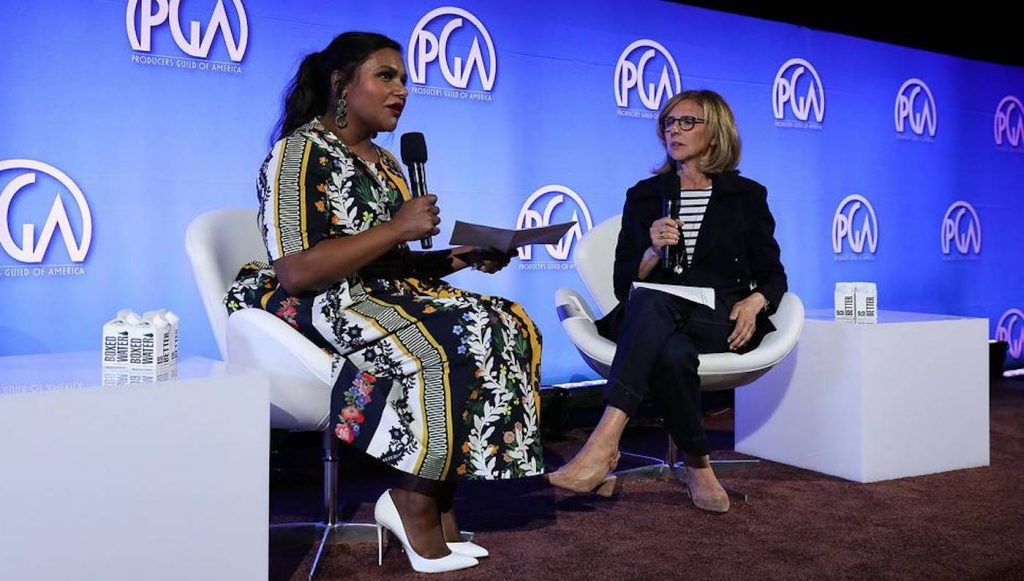 Mindy Kaling and Nancy Meyers speak at the Produced By Conference at Warner Bros. Studios on Saturday, June 8, 2019, in Burbank, California. (Photo by Mark Von Holden/Invision for Producers Guild of America /AP Images)