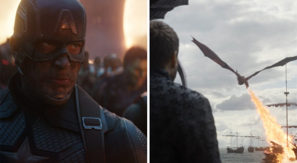 L-r: Chris Evans is Captain America in 'Avengers: Endgame.' Courtesy Walt Disney Studios. A shot from episode 5 in season 8 of 'Game of Thrones.' Courtesy  HBO