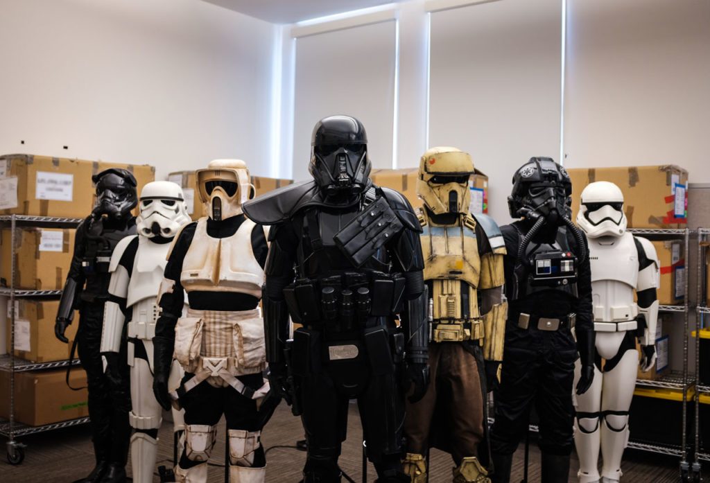 Stormtrooper armor from across the saga, ready to deploy from Lucasfilm headquarters in San Francisco.