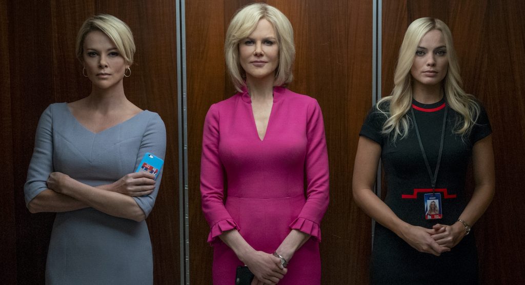 L-r: Megyn Kelly (Charlize Theron), Gretchen Carlson (Nicole Kidman), and Kayla Pospisil (Margot Robbie) in BOMBSHELL. Photo credit: Hilary Bronwyen Gayle. Courtesy Lionsgate.