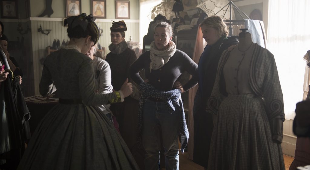 BTS: Meg March (Emma Watson), Costume Designer Jacqueline Durran Director/Writer Greta Gerwig on the set of Columbia Pictures' LITTLE WOMEN." Courtesy Sony Pictures.