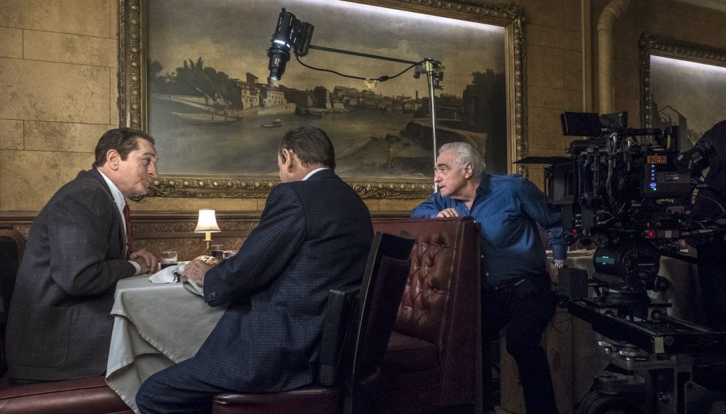 Martin Scorsese directs Robert De Niro and Joe Pesci in a scene from The Irishman. Photo Credit: Niko Tavernise.© 2019 Netlfix US, LLC. All rights reserved.