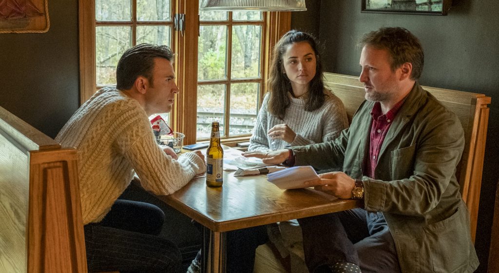 Chris Evans (left), Ana de Armas (center) and director Rian Johnson on the set of Knives Out. Photo credits: Claire Folger. Courtesy Lionsgate