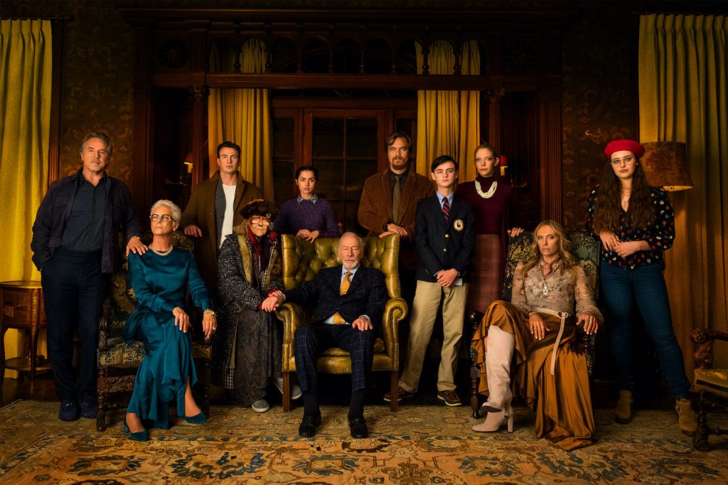 L-r: Richard (Don Johnson), Linda (Jamie Lee Curtis), Ransom (Chris Evans), Great Nana (K Callan), Marta (Ana De Armas), Harlan Thrombey (Christopher Plummer), Walt (Michael Shannon), Jacob (Jaeden Martell), Donna (Riki Lindholm), Joni (Toni Collette), and Met (Katherine Langford). Photo Credit: Claire Folger.